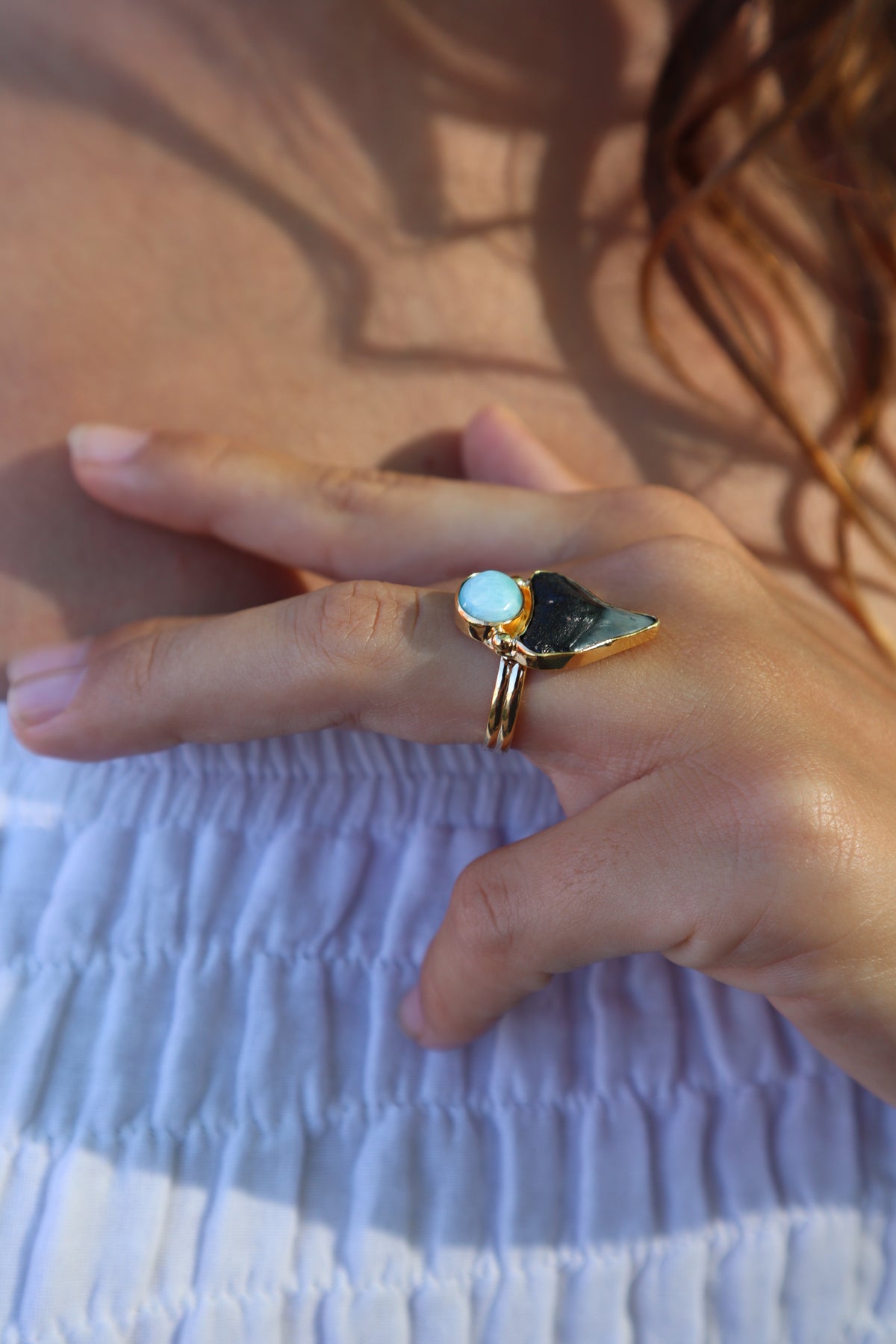 Fossilised Shark Tooth x Larimar Ring SIZE 7