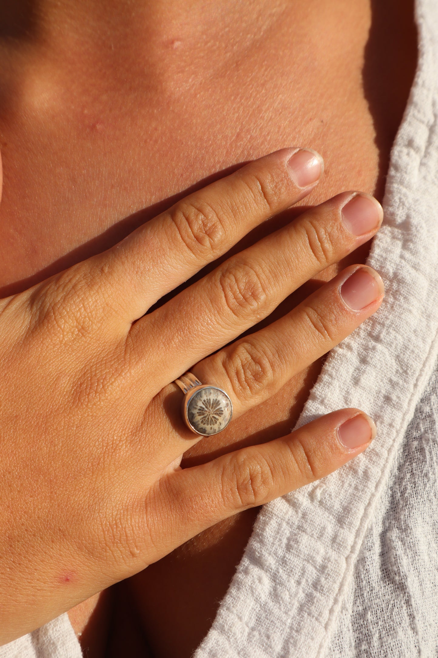 Fossilised Coral Coin Ring SIZE L - 5 3/4