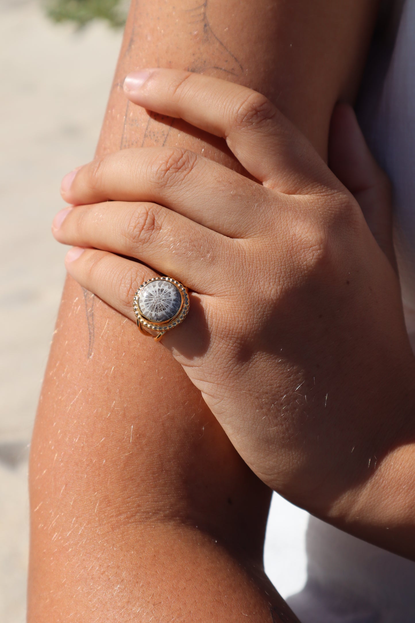Fossilised Coral Daisy Ring SIZE 6 - L 1/2