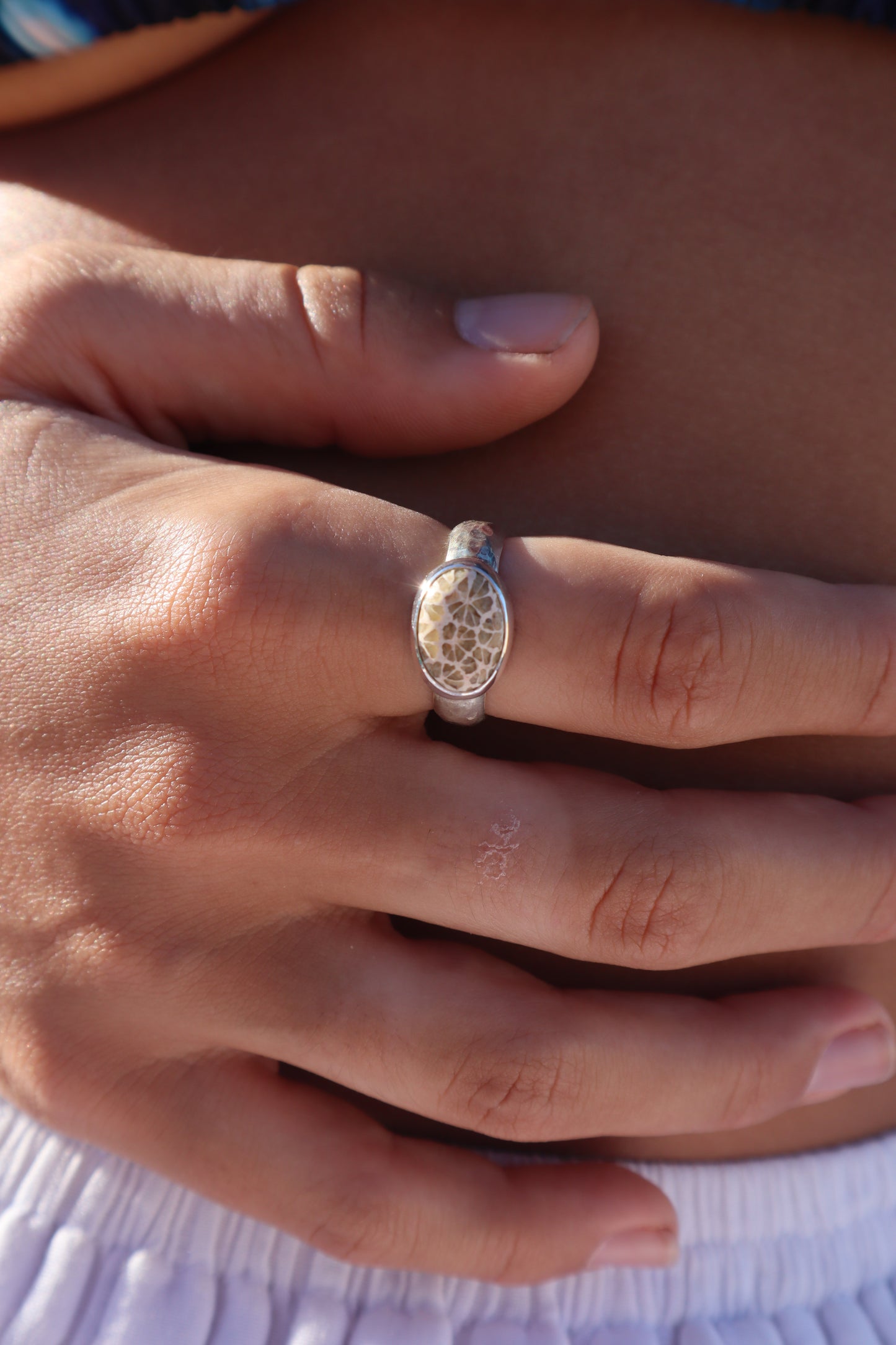 Hammered Fossilised Coral Ring