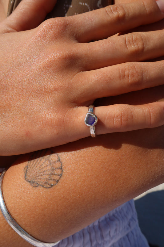 Dainty  Dark Blue Sea Glass Ring SIZE L - 5 3/4