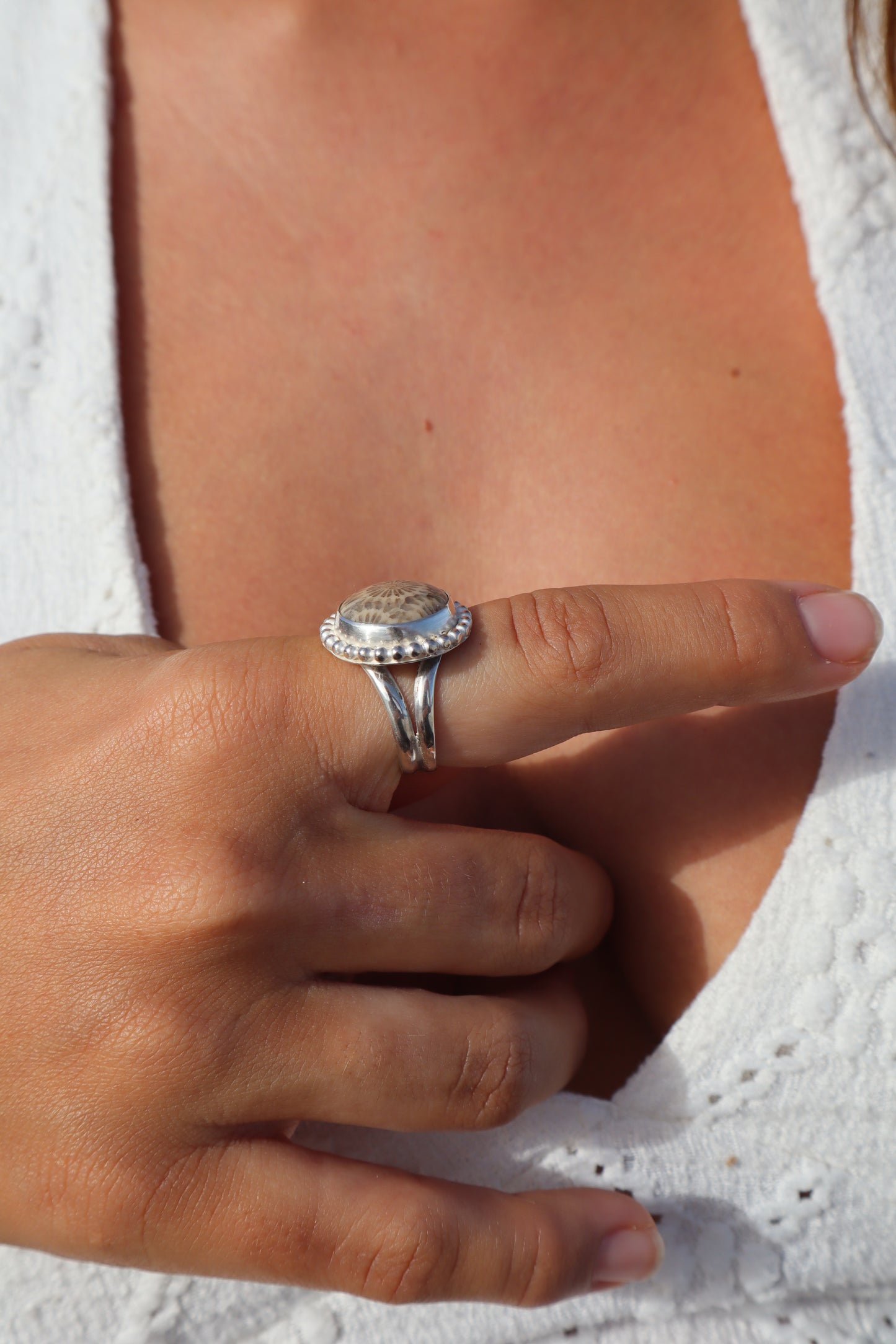 Fossilised Coral Daisy Ring SIZE P 1/2 - 8