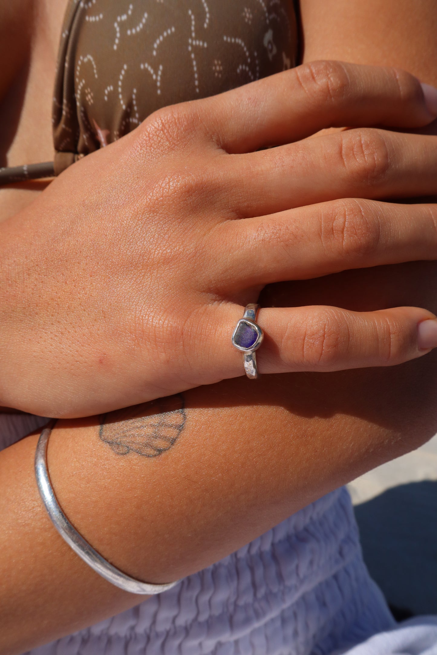 Dainty  Dark Blue Sea Glass Ring SIZE L - 5 3/4