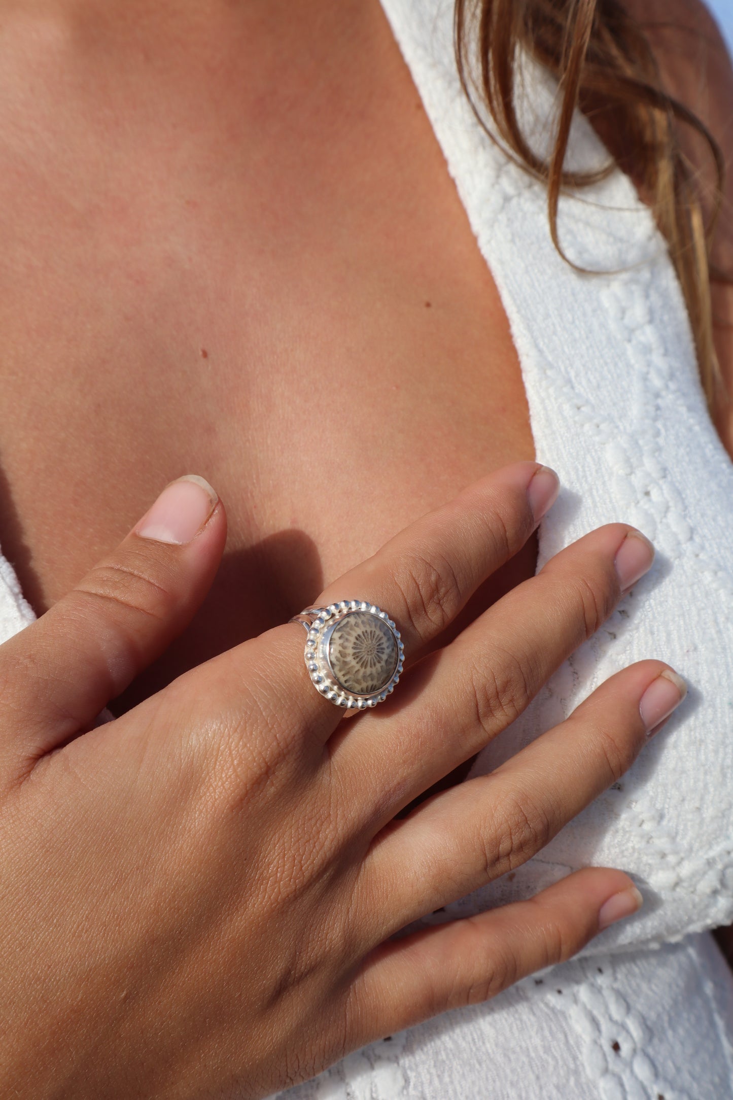 Fossilised Coral Daisy Ring SIZE P 1/2 - 8