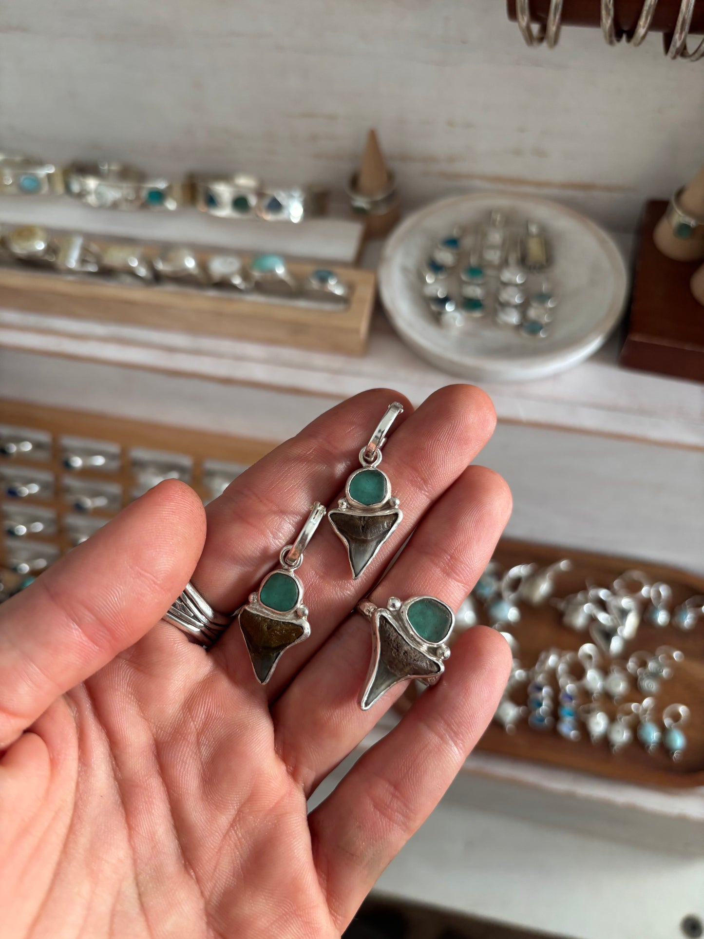 Shark Tooth x Seaglass Ring SIZE U - 1O 1/4