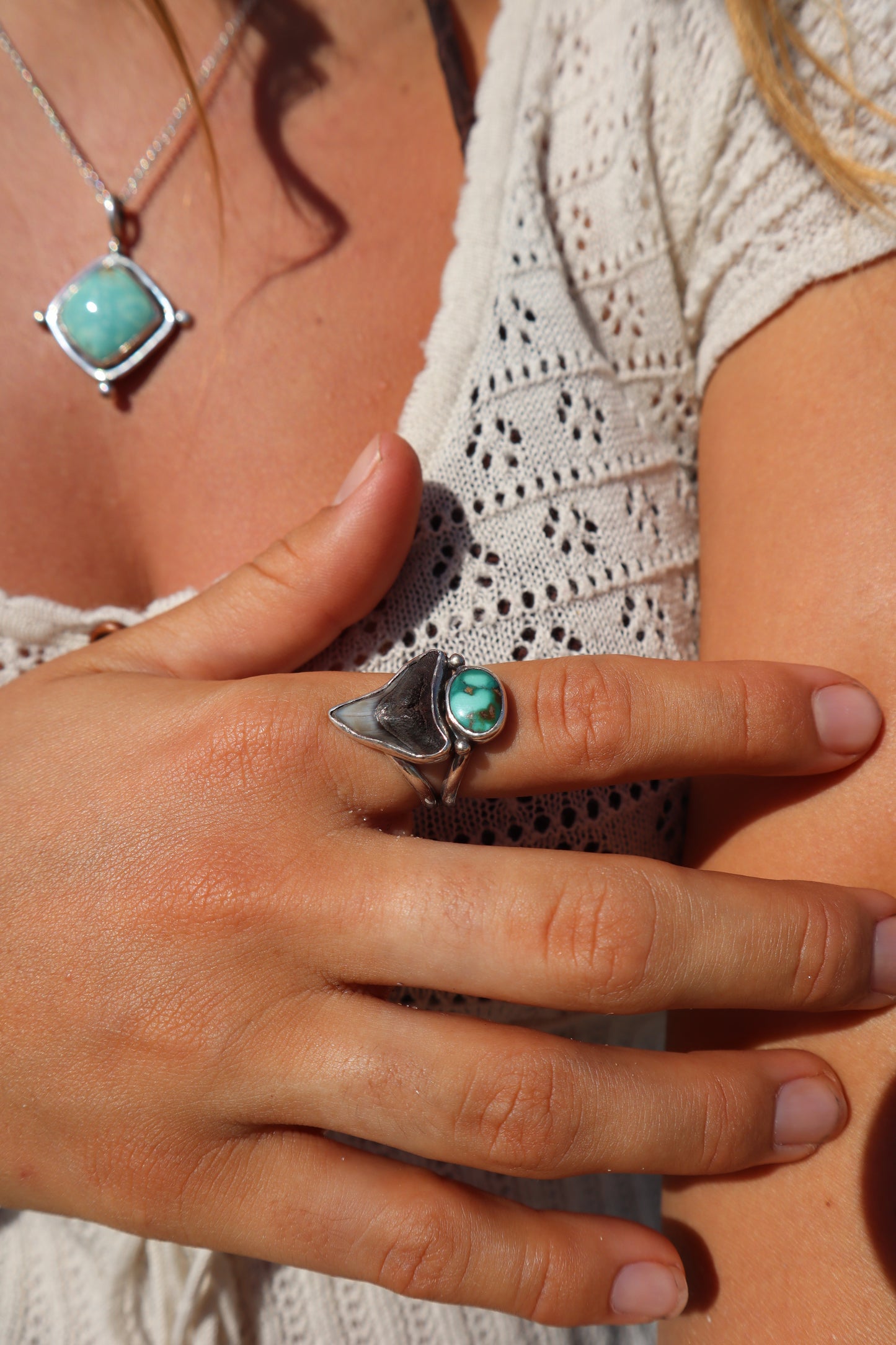 Fossilised Shark Tooth x Turquoise Ring SIZE R - 8 3/4