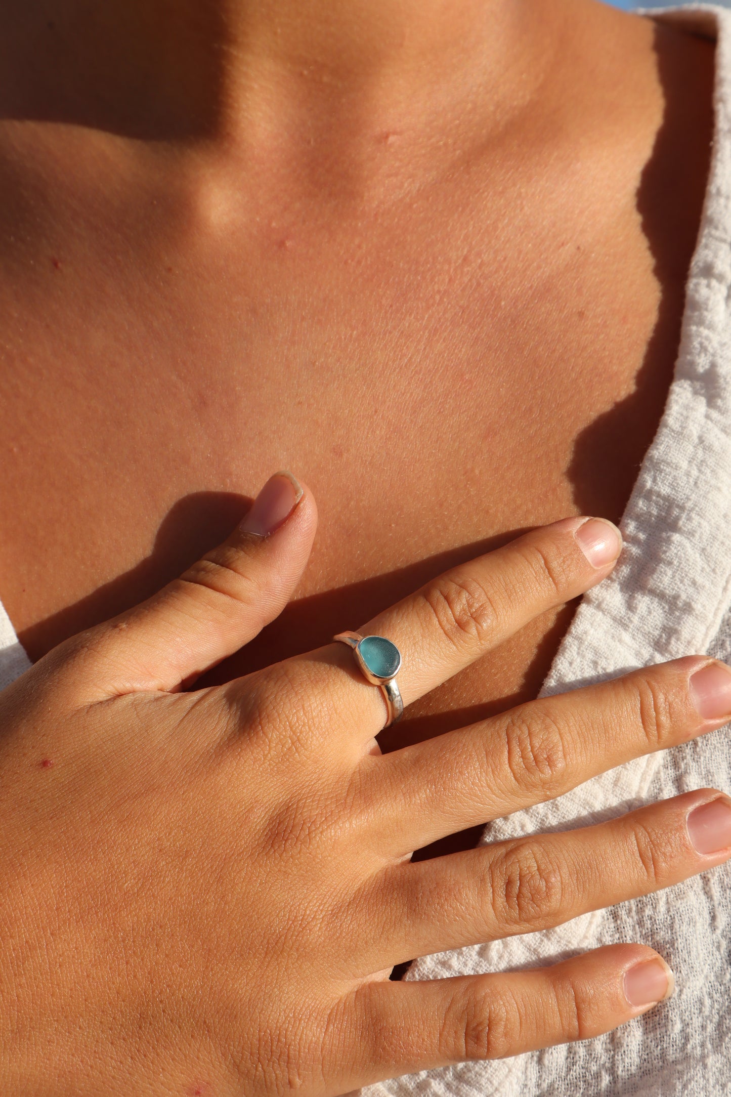 Blue Sea Glass Ring SIZE T - 9 3/4