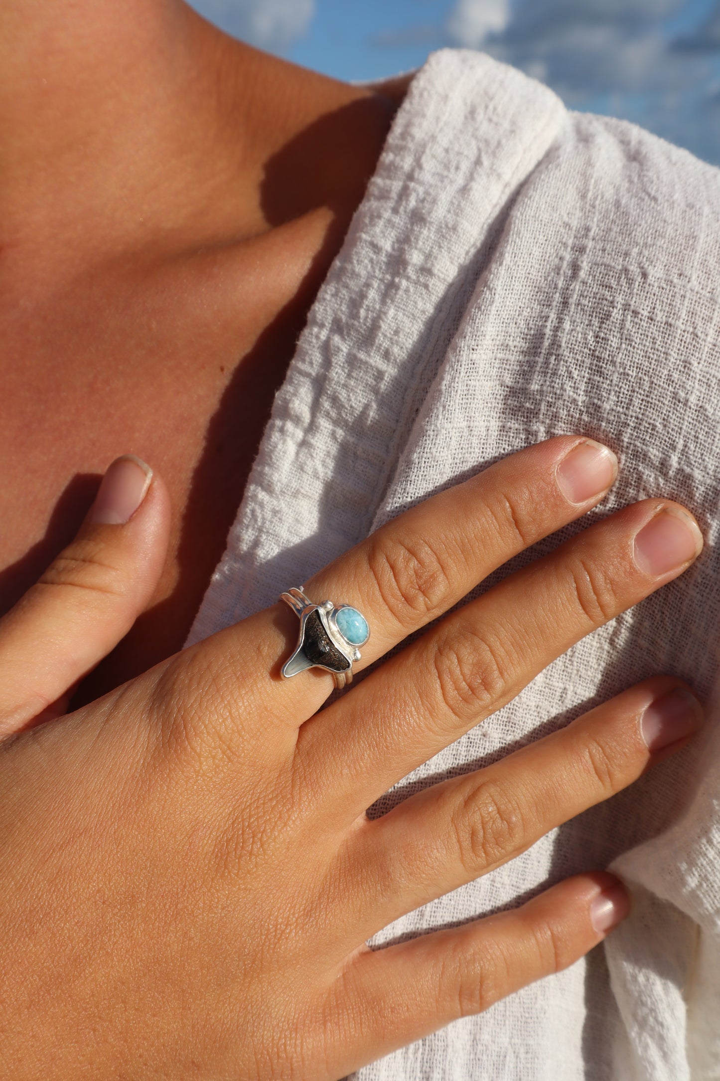 Shark Tooth x Larimar Ring SIZE Q 1/2 - 8 1/2