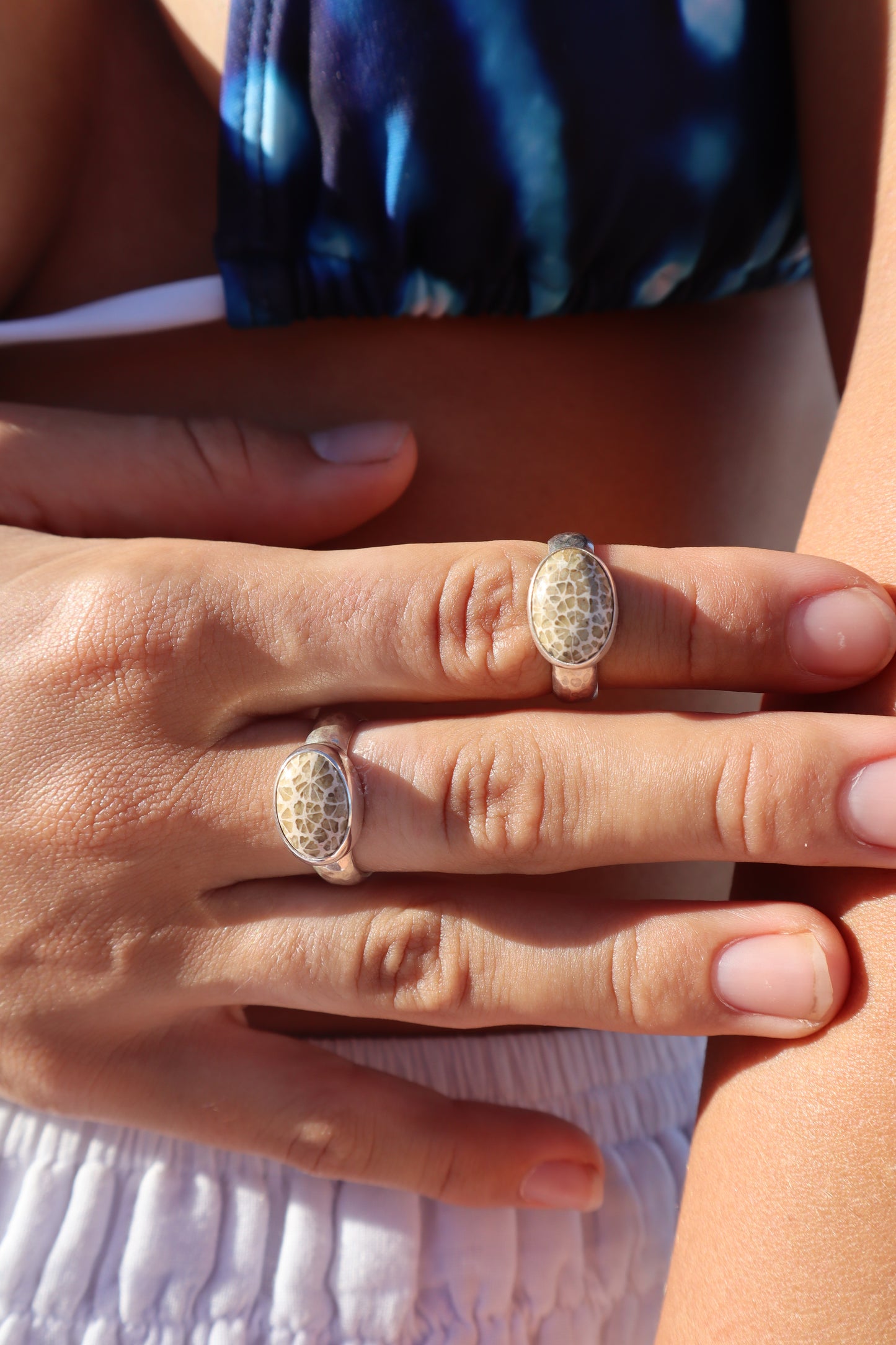 Hammered Fossilised Coral Ring