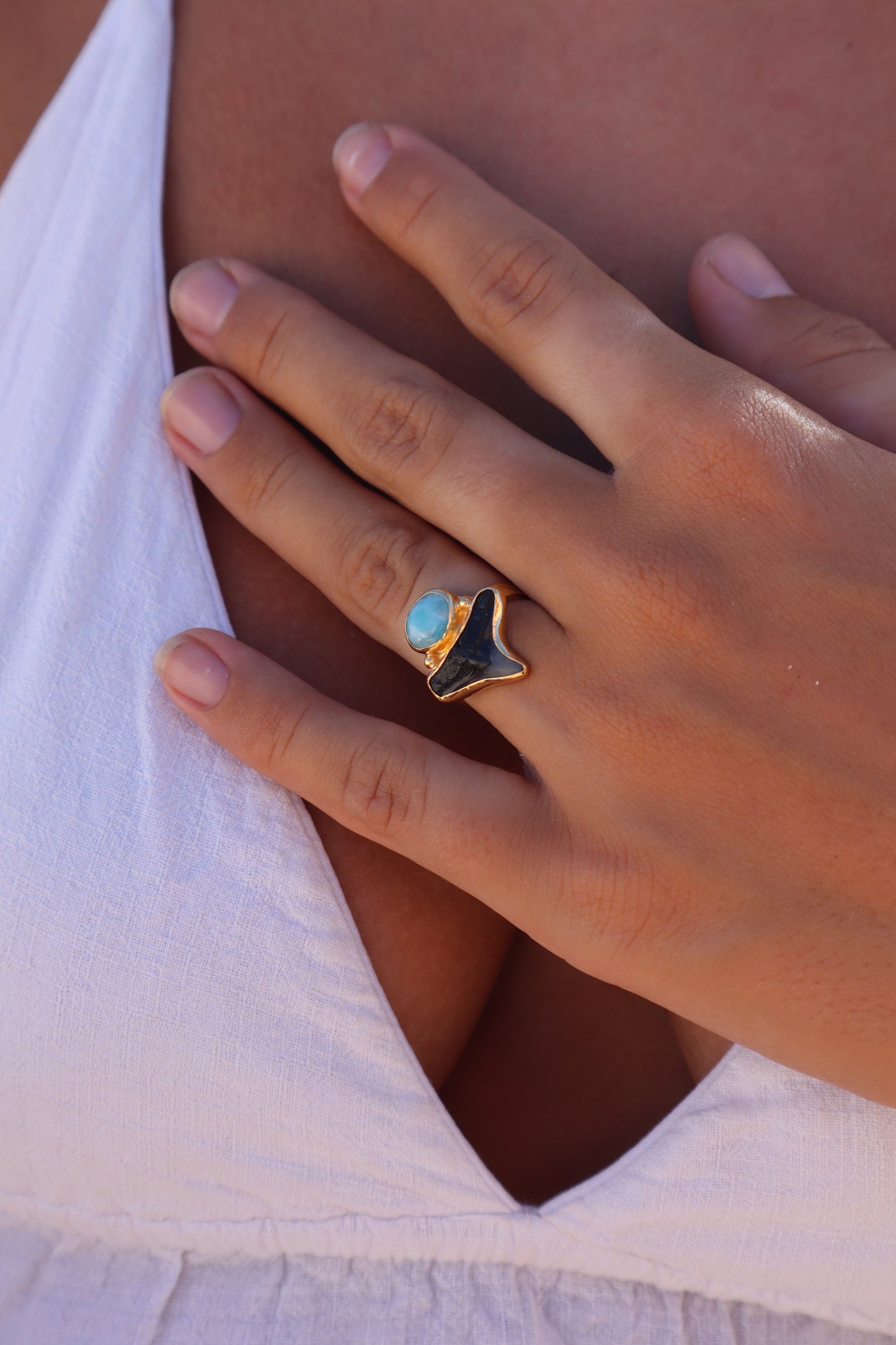 Fossilised Shark Tooth x Larimar Ring SIZE 6