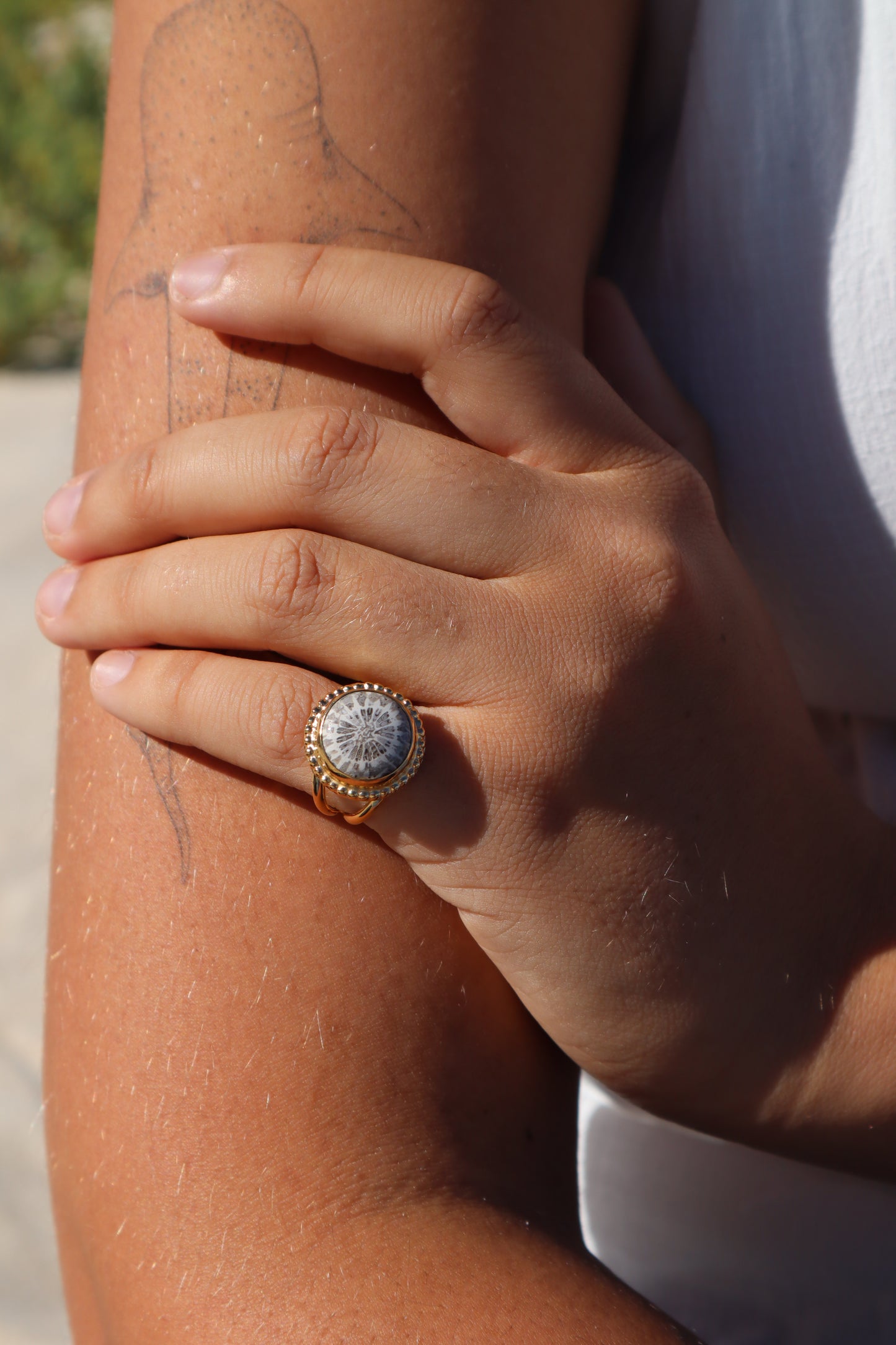 Fossilised Coral Daisy Ring SIZE 6 - L 1/2