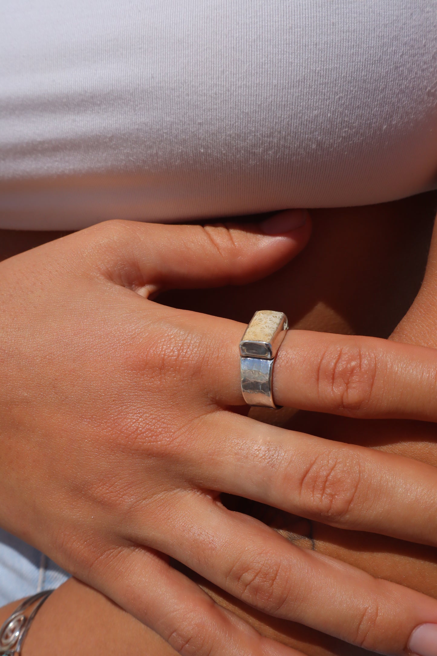 Hammered Coral Ring SIZE R - 8 3/4
