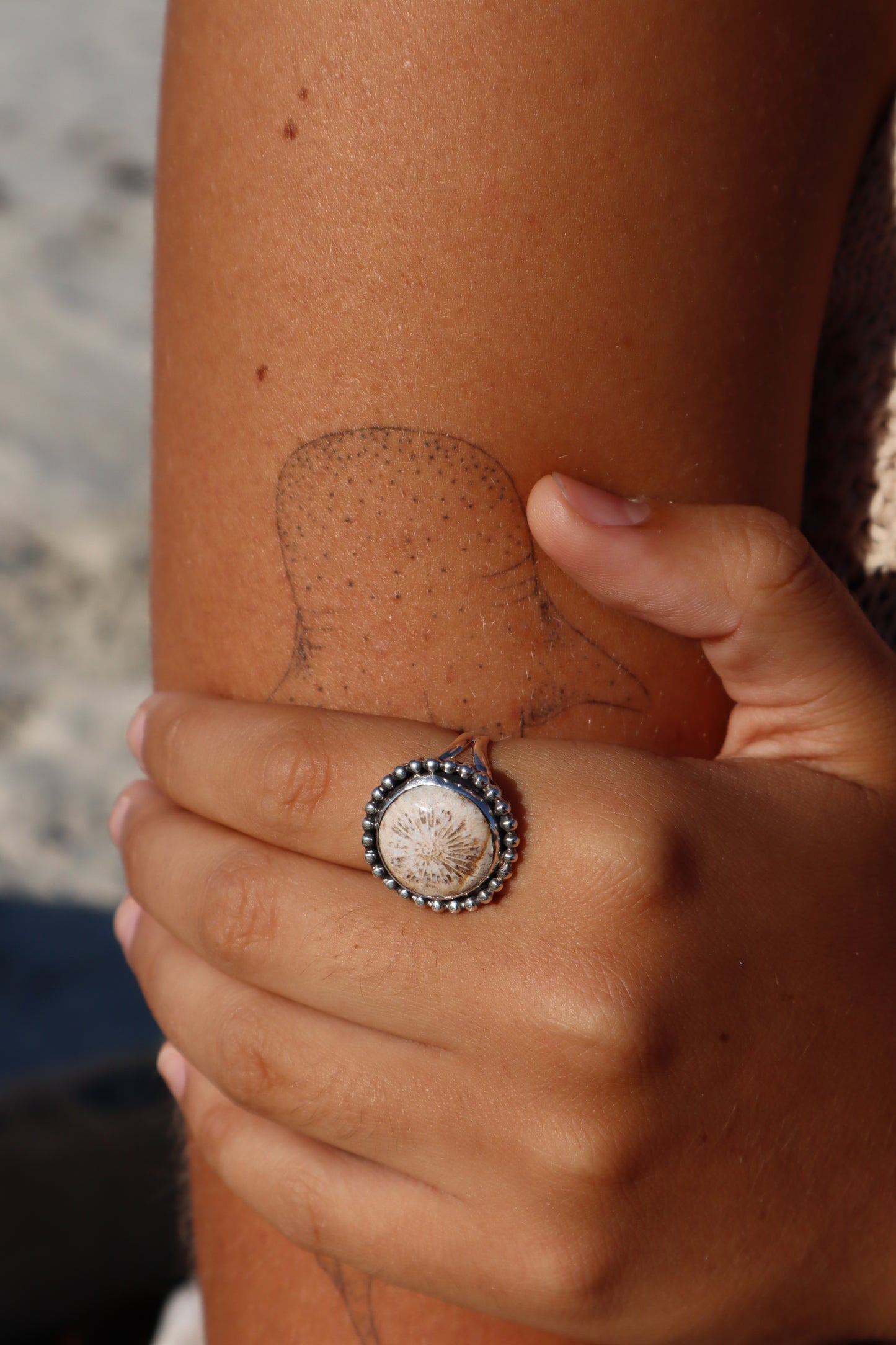 Fossilised Coral Daisy Ring SIZE P - 7 3/4