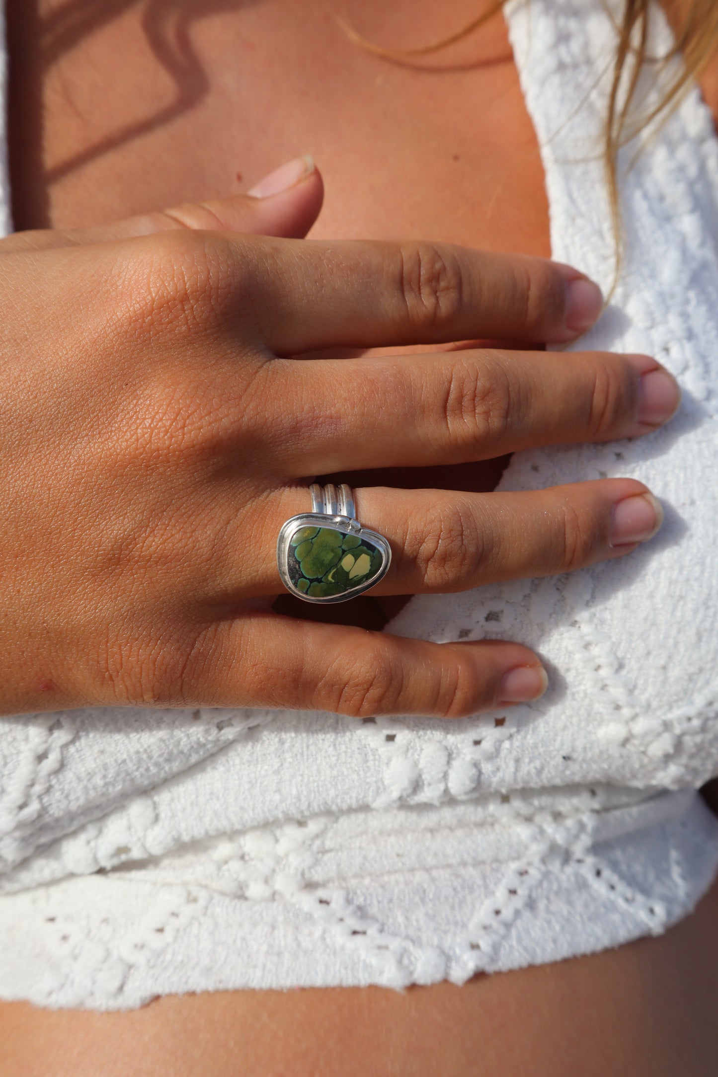 Green Turquoise Ring SIZE N - 6 3/4