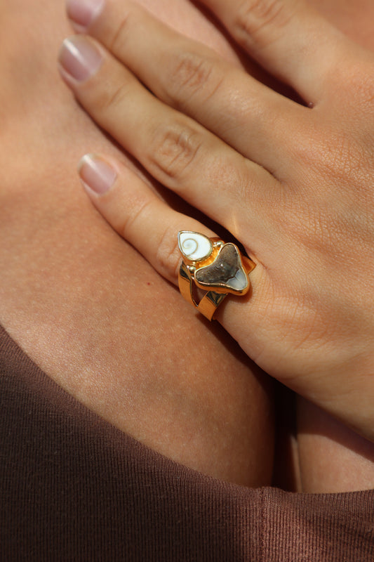 Operculum x Fossilised Shark Tooth Ring SIZE 6