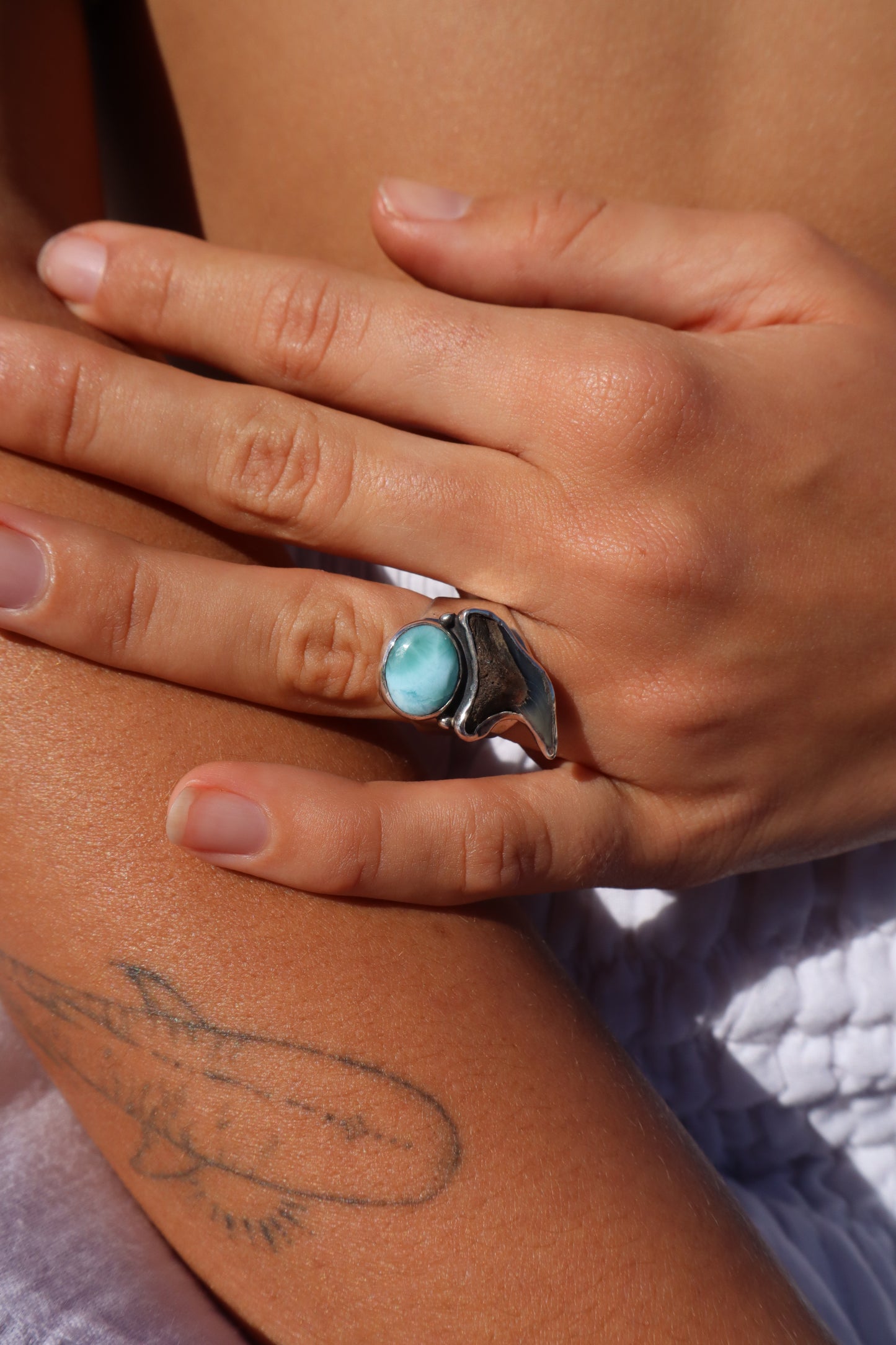 Chunky Shark Tooth x Larimar Ring SIZE M - 6 1/4