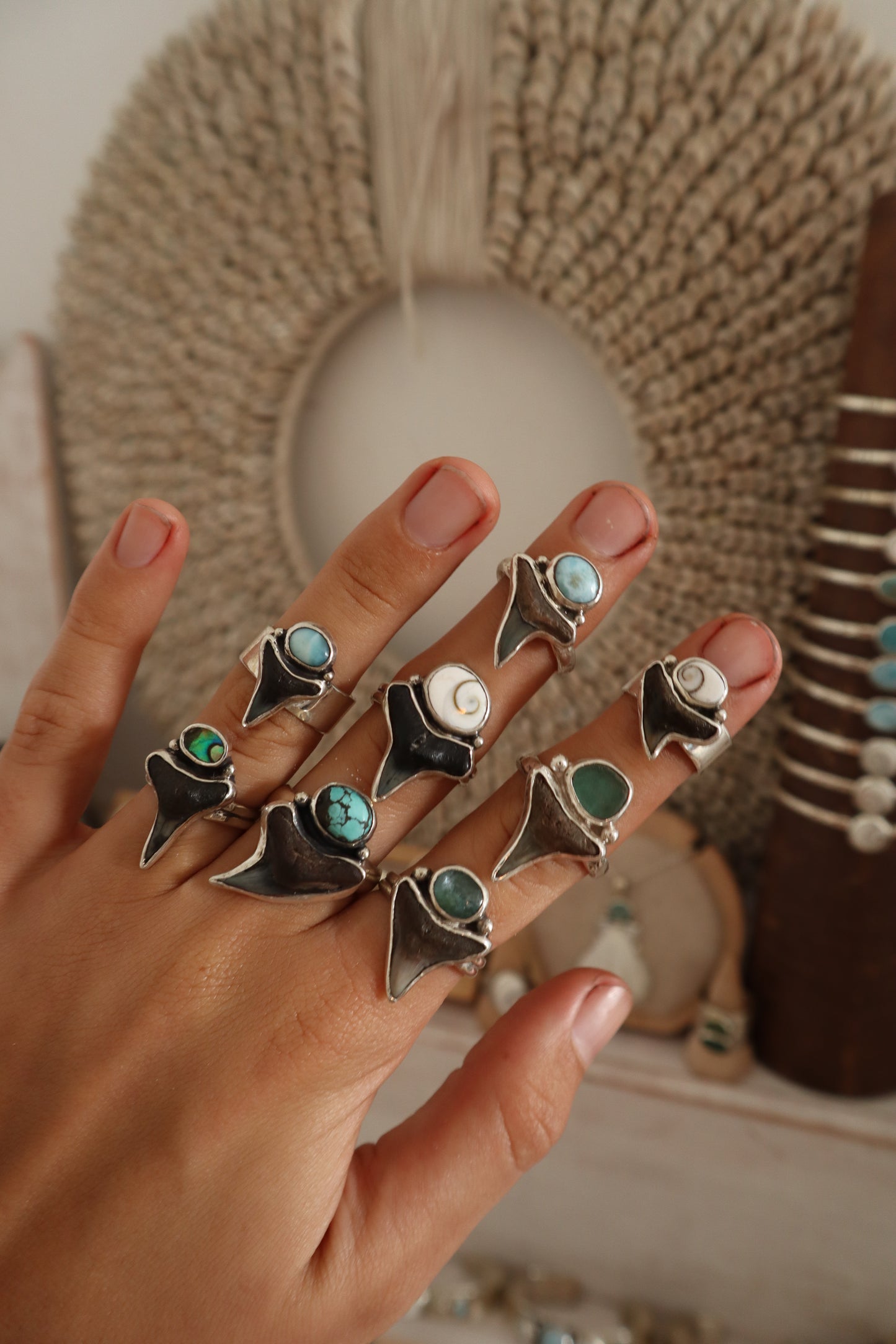Shark Tooth x Seaglass Ring SIZE U - 1O 1/4