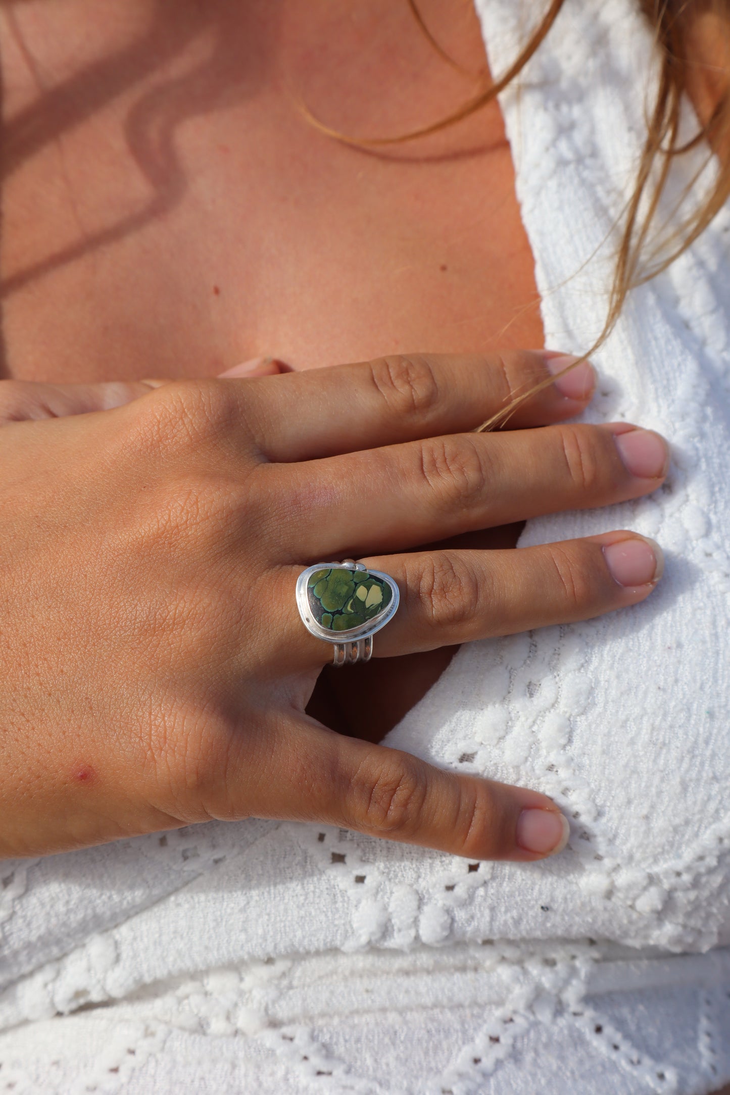 Green Turquoise Ring SIZE N - 6 3/4