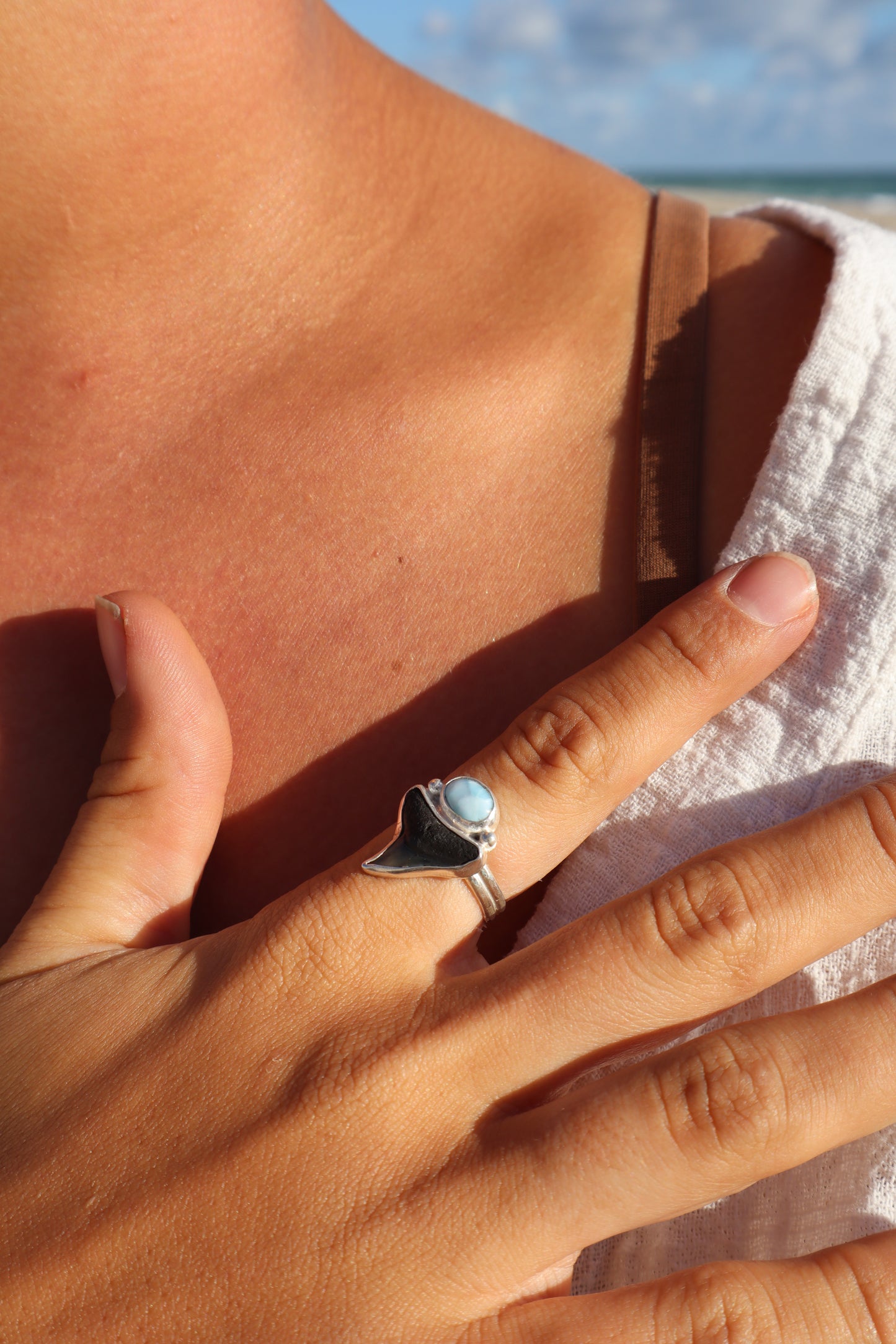 Shark Tooth x Larimar Ring SIZE P - 7 3/4