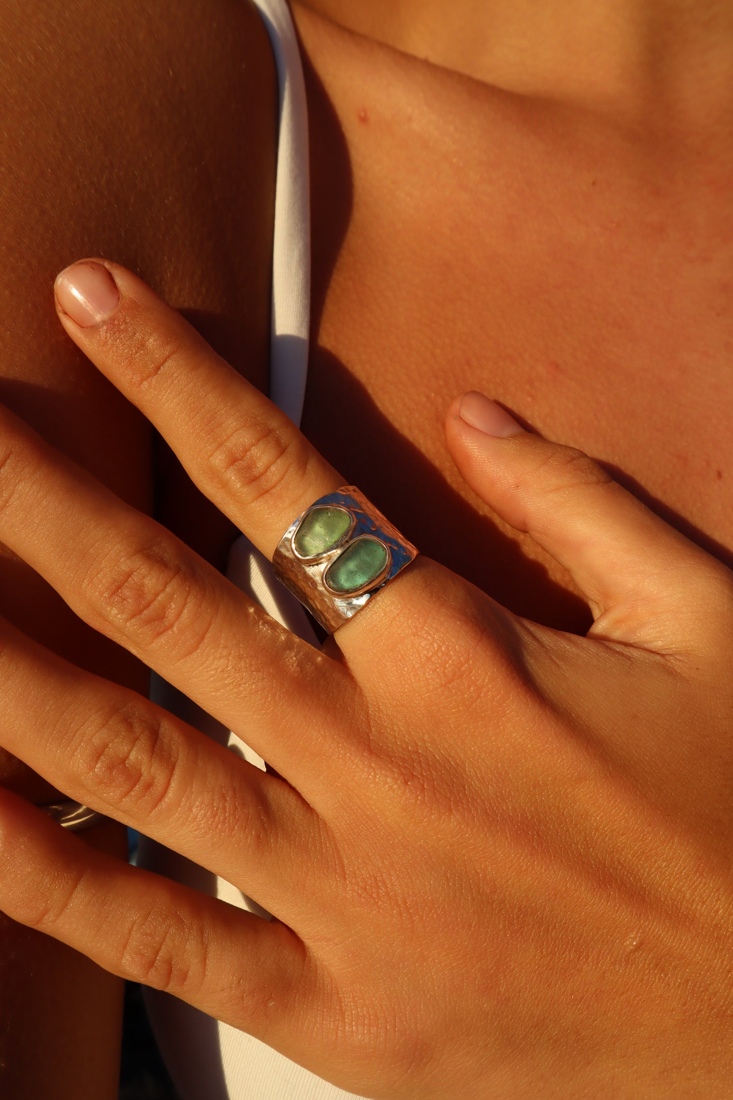 Double Sea Glass Ring SIZE P 1/2 - 8