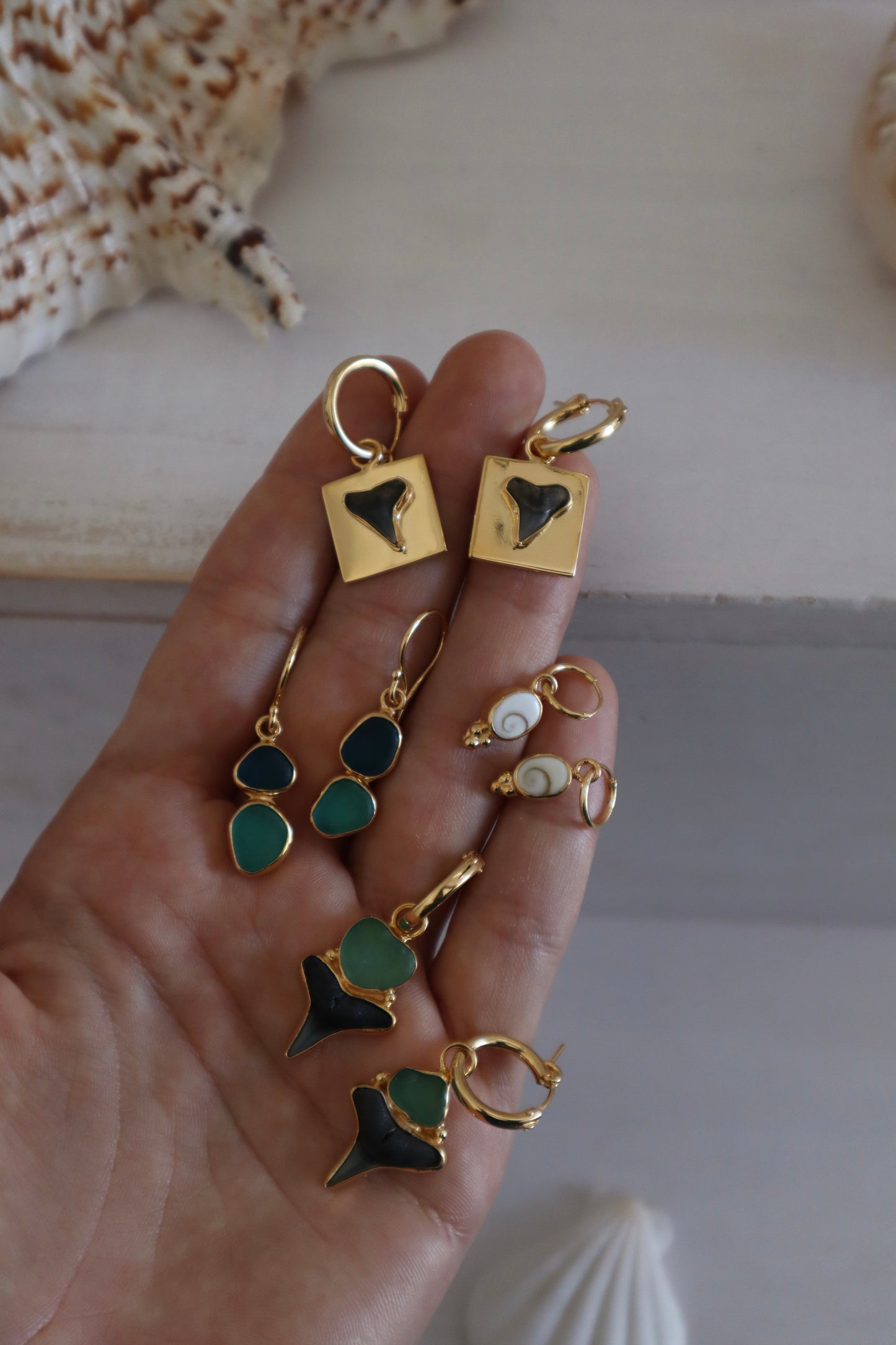 Shark Tooth x Seaglass Hoops