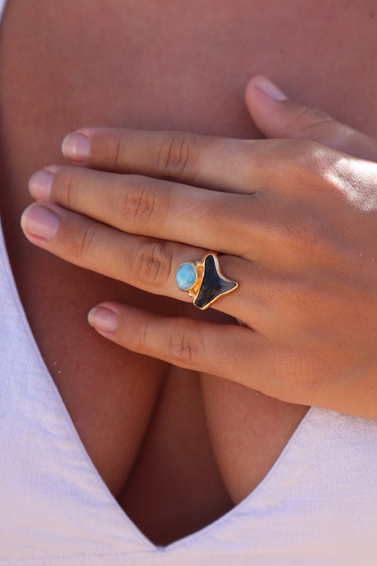 Fossilised Shark Tooth x Larimar Ring SIZE 6