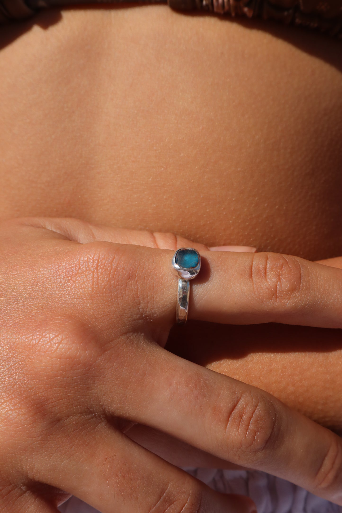 Dainty Blue Sea Glass Ring SIZE R - 8 3/4