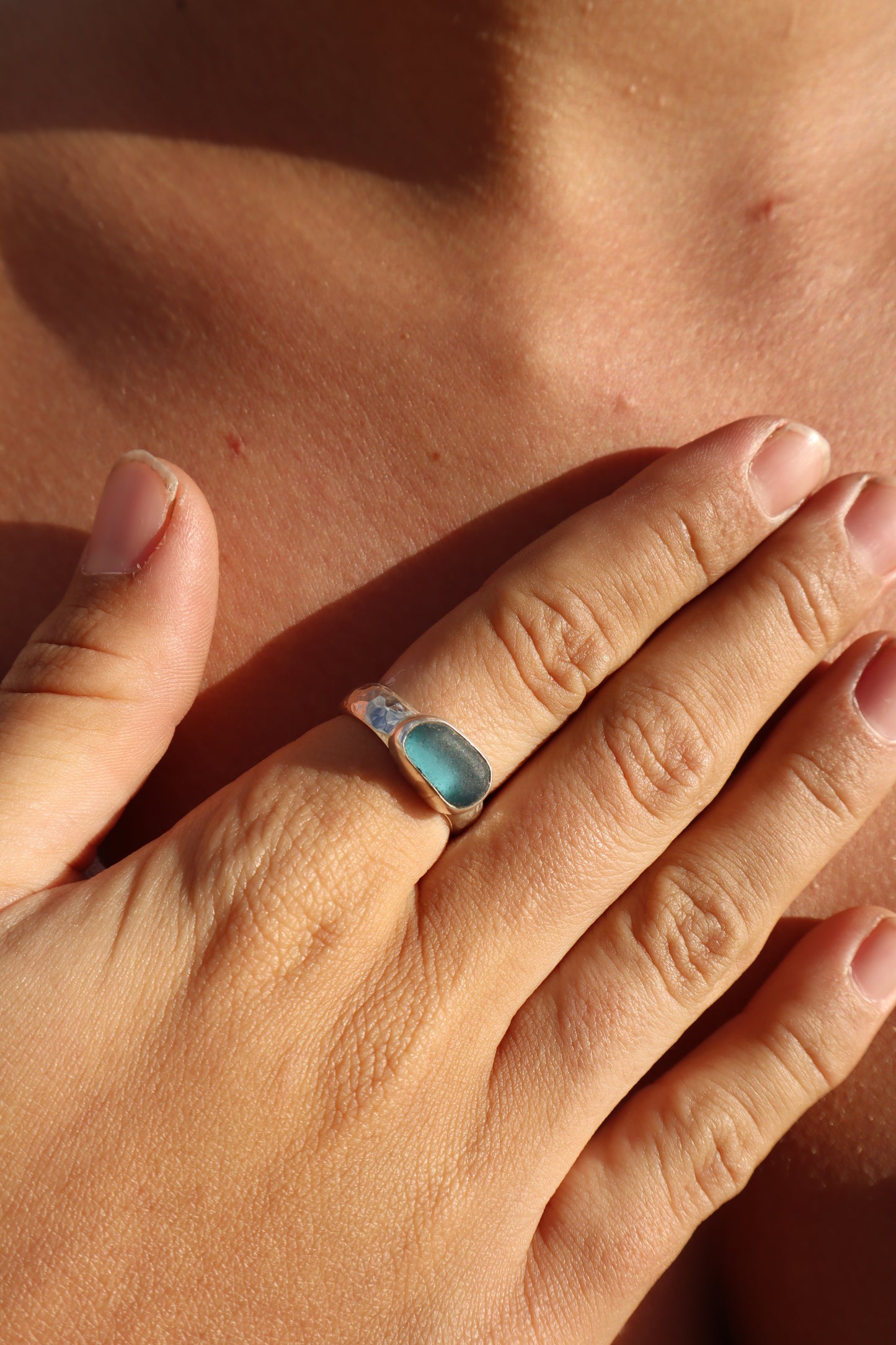 Textured Blue Sea Glass Ring SIZE R 1/2 - 9