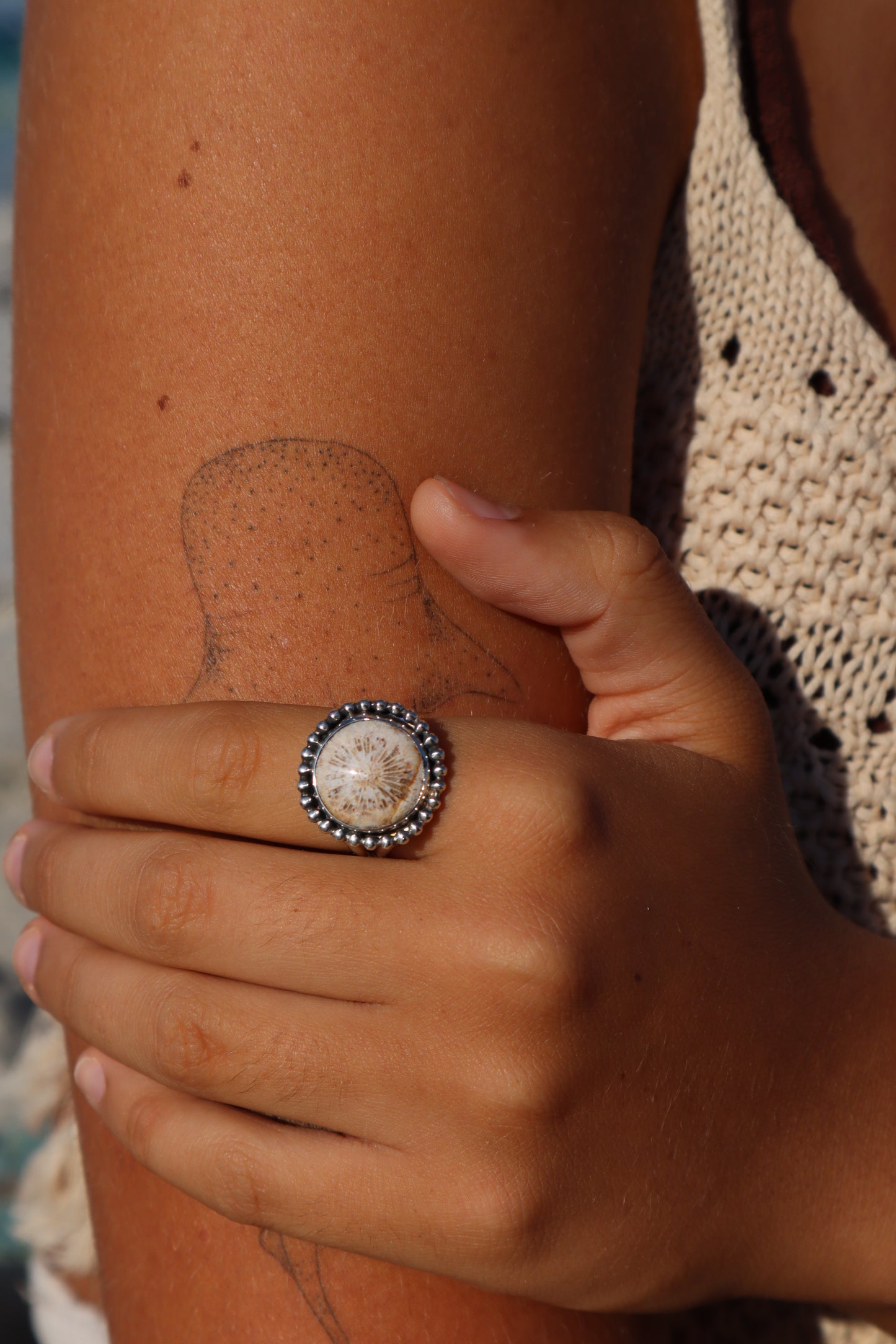 Fossilised Coral Daisy Ring SIZE P - 7 3/4