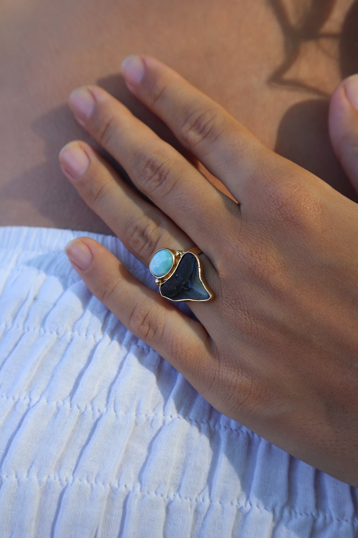 Fossilised Shark Tooth x Larimar Ring SIZE 7