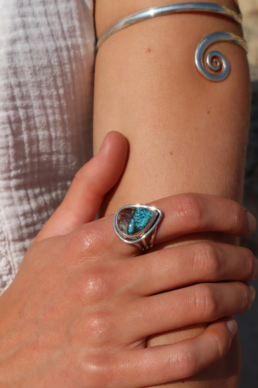 Teardrop Shattuckite Azurite Ring SIZE P - 7 3/4