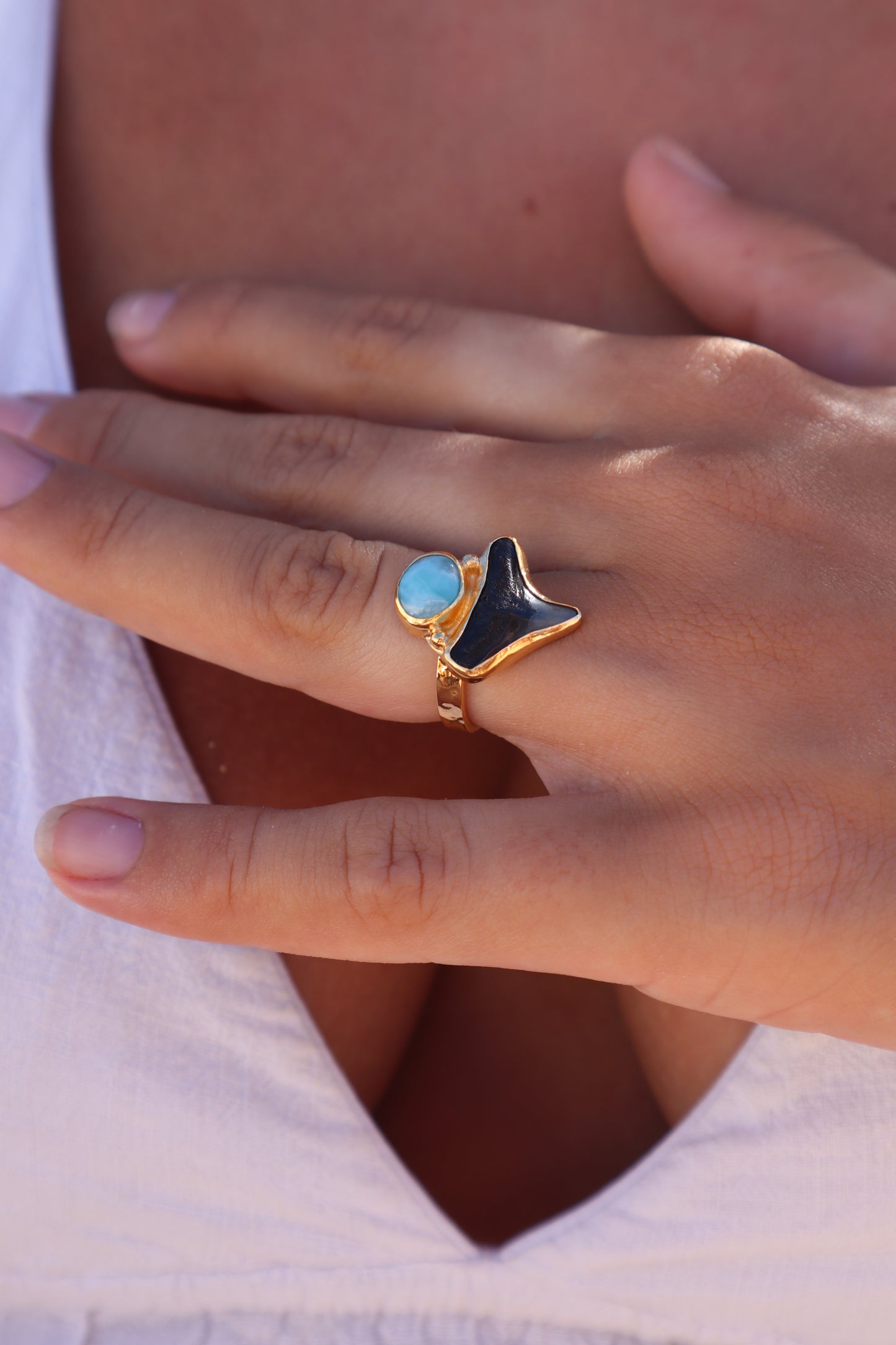 Fossilised Shark Tooth x Larimar Ring SIZE 6