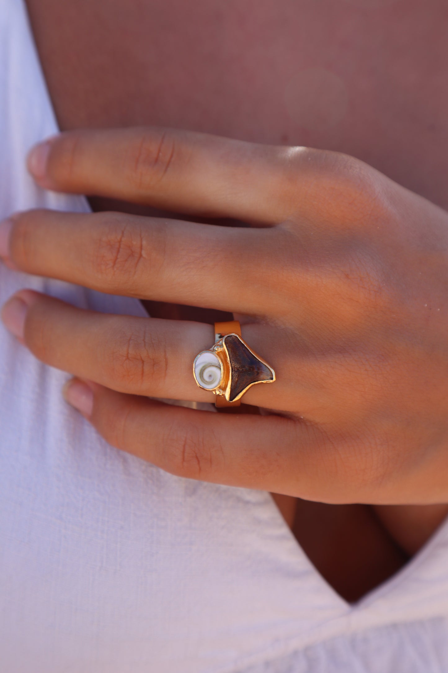 Operculum x Fossilised Shark Tooth Ring SIZE 7