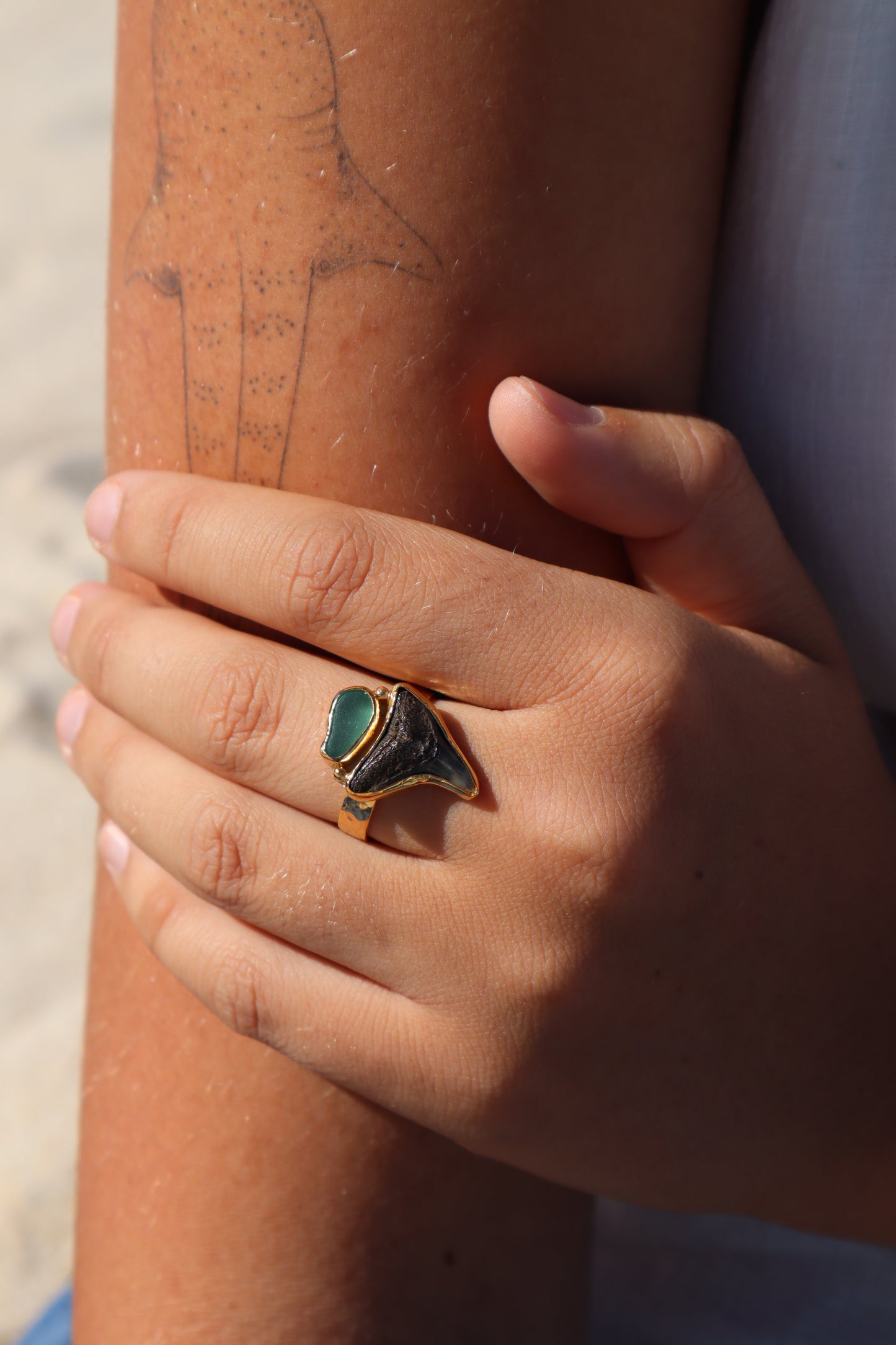 Fossilised Shark Tooth x Seaglass Ring SIZE 10 - T 1/2