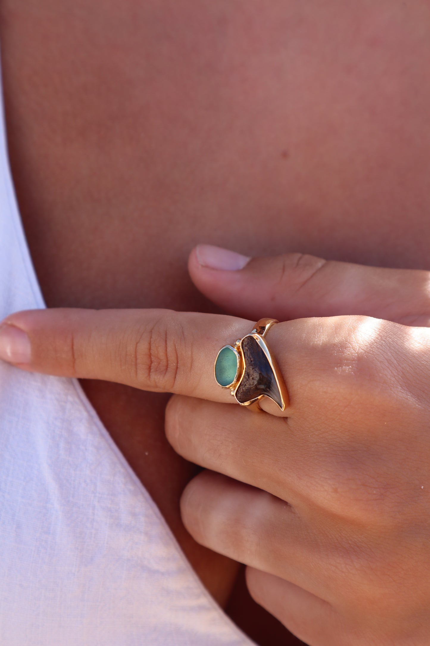 Fossilised Shark Tooth x Seaglass Ring SIZE 9