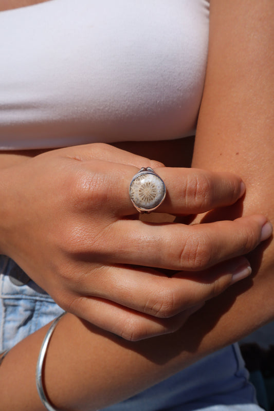Fossilised Coral Coin Ring SIZE O - 7 1/4