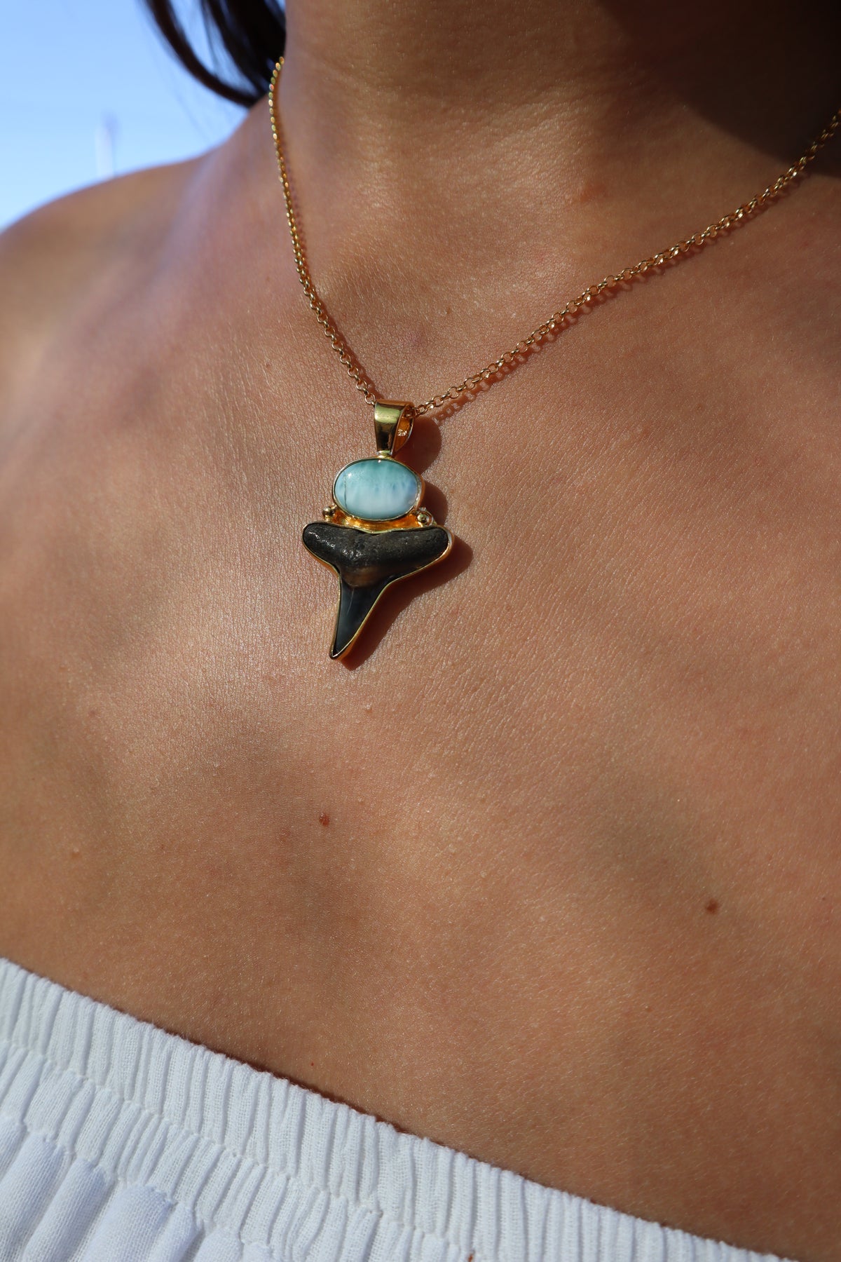 Larimar x Fossilised Shark Tooth Pendant